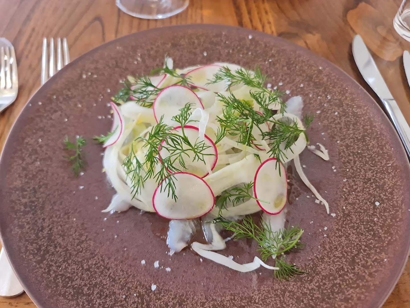 Une assiette claire de fenouil et de fines tranches de radis